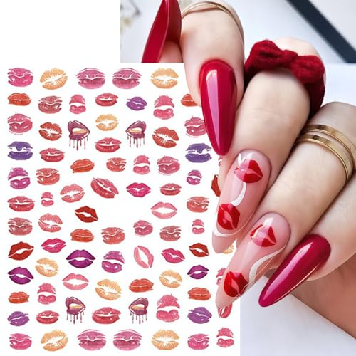 Valentine's Day Lip Nail Stickers - 6 Sheets Self-Adhesive Colorful Lip Decals for Manicure, Pink & Red Lips & Heart Design, Lip Variation