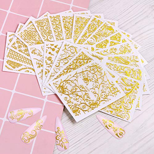 KISSBUTY Metallic Flower & Vine Nail Decals - 20 Sheets Gold Floral Nail Art Stickers for DIY & Salon