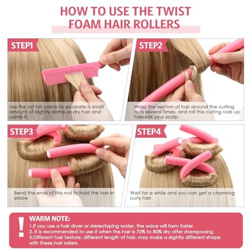 WILLBOND 60 Pcs Flexible Hair Curling Rods No Heat Curlers for Long & Short Hair, Pink 0.3x7 Inches