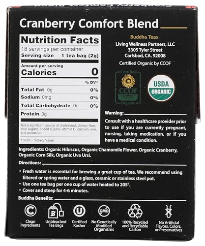 Buddha Teas Cranberry Comfort Blend Herbal Tea - Caffeine Free, Organic, 18 Tea Bags