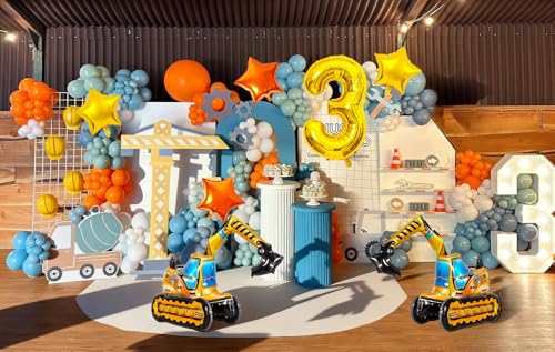 Construction Birthday Balloon Set - Excavator & Star Foil Balloons for 3rd Birthday Party