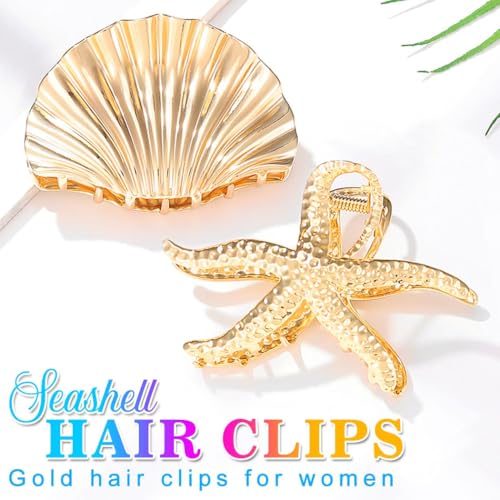 CAKURE Seashell Hair Clip - Gold Starfish Hair Claw Clips (Pack of 2)