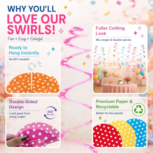 HonuGoGo 48-Pc Polka Dot Party Swirls - Bright Hanging Decorations for Kids' Birthdays & Events