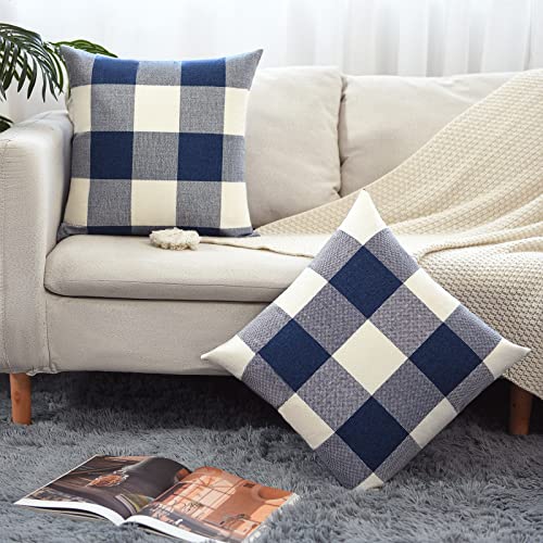 Tosewever Set of 2 Blue & White Buffalo Check Pillow Covers - 20" x 20" Cotton Linen Cushion Cases for Farmhouse Home Decor