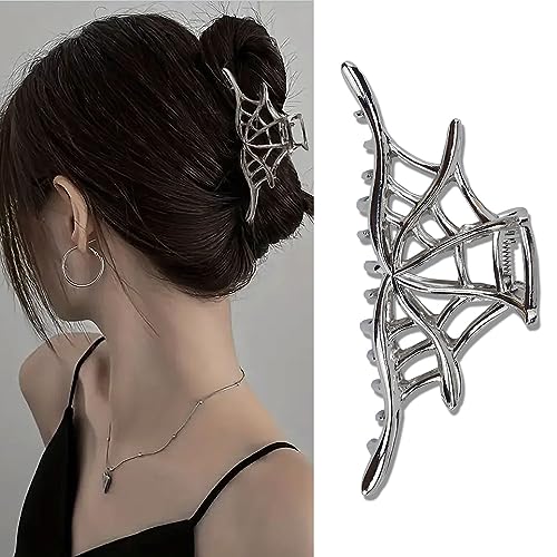 BELSITA Silver Halloween Spider Web Hair Claw Clip - Large, Strong Hold, Trendy Accessory