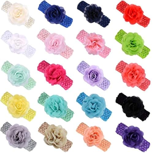 Girl Baby Headband with Chiffon Rose — 20 Colors, Elastic Crochet, 1.6x5.5 Inch, Included in Version with 3.15 Inch Rose