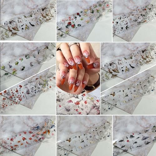 Chinese Style Nail Foil Transfer Stickers - Plum Orchid Bamboo Pattern, 10 Rolls