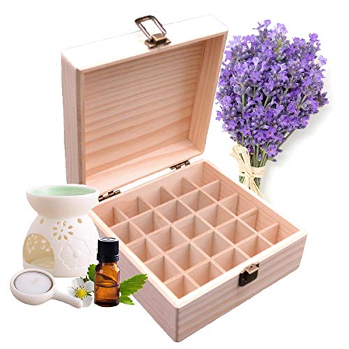 Pure Vie 25-Slot Wooden Essential Oil Storage Box with Container Cap Labels - Elegant Travel Organizer