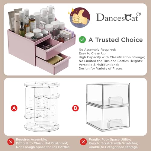 DancesCat Pink 2-Drawer Makeup Organizer, 7-Compartment Vanity Storage