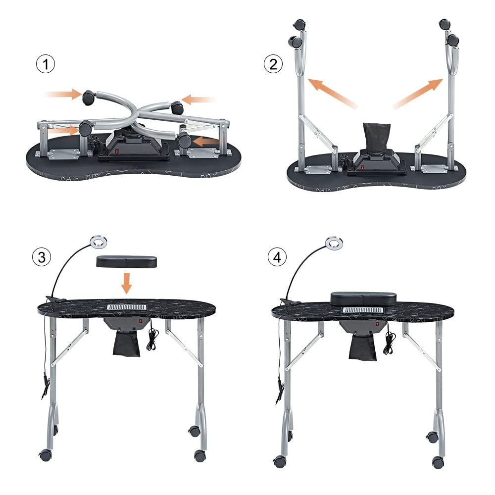 LOVEVLOGY LOVELOGY Portable Manicure Table，Nail Desk 4 Lockable with Wheels,Manicure Desk for Nail Tech with LED Light & Dust Collector,Black