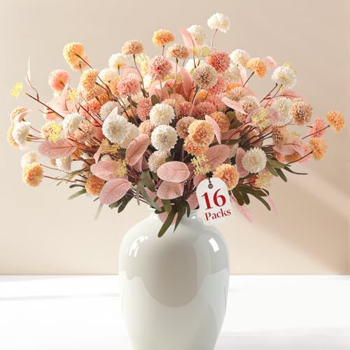 16 Pcs Faux Silk Mums with Eucalyptus - Pet Safe, Bendable Stems