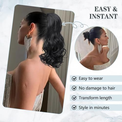 Mychanson 16 Inch Black Curly Wavy Drawstring Ponytail Extension