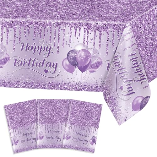 3 Pack Purple Birthday Tablecloths - 108 x 54 Inch Disposable Decor