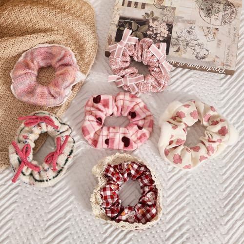 Pink Velvet Elastic Hair Ties 6-Pack for Women - Gentle Scrunchies