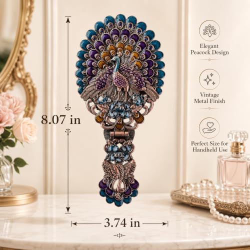 Vintage Hand Mirror with Handle - Peacock Design, Copper