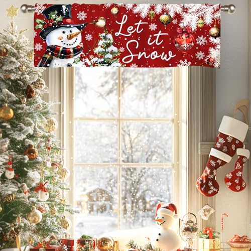 Snowman Christmas Valance Curtains - 51x18 Red Drapes for Windows