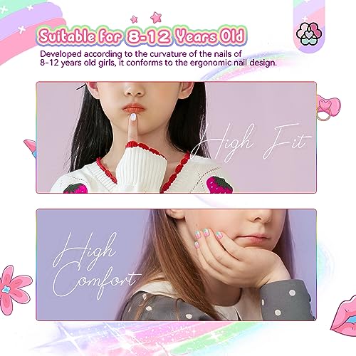 SAVILAND Kids Press On Nails Set - 168 Pre-Glued Short Nails, Blue Pink White Silver, Glitter Patterns for Ages 8-12