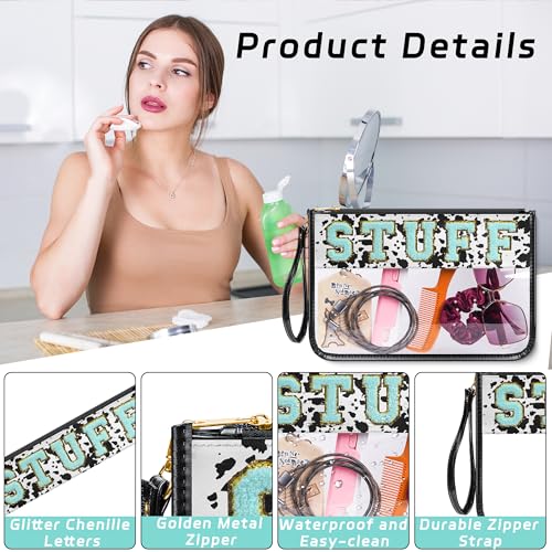 YEMEDA Chenille Letter Clear Zipper Pouch C2-Cow-Stuff Large Travel Cosmetic Bag