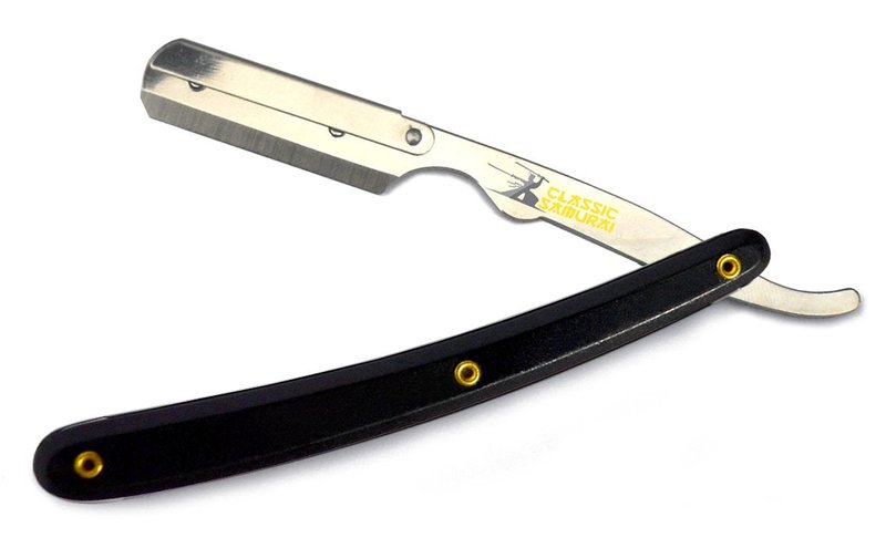 Classic Samurai Stainless Steel Professional Barber Folding Straight Edge Razor Shavette Men's Shaving Kit with 200 Count Lord Single Edge Razor Blades (Black)