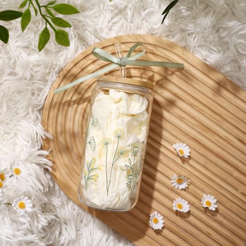 Floral Glass Cup with Lid and Straw - 16oz Aesthetic Tumbler