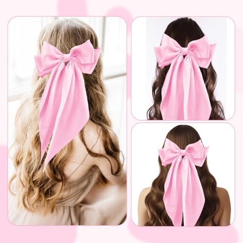 Large Pink Satin Bow Hair Clips for Women - Elegant Accessories