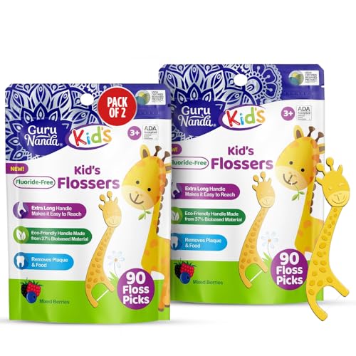 GuruNanda Giraffe Dental Floss Picks for Kids, Berry Flavor, 90 Count