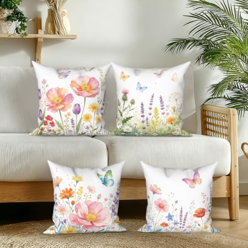 Colorful Butterfly Floral Velvet Pillow Covers, 18x18, 4-Pack