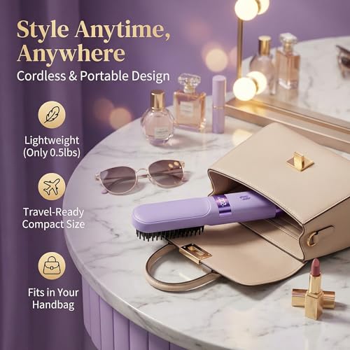Cordless Hair Straightener Brush - Portable 4 Temp Comb for Travel