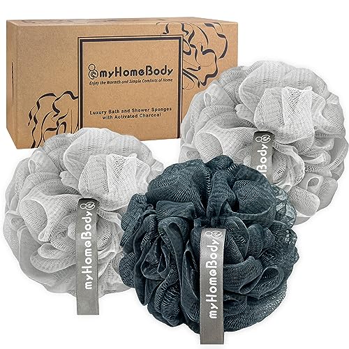 myHomeBody 60g Loofah Sponge 3-Pack - Fog Gray & Midnight Blue Exfoliating Bath Sponges