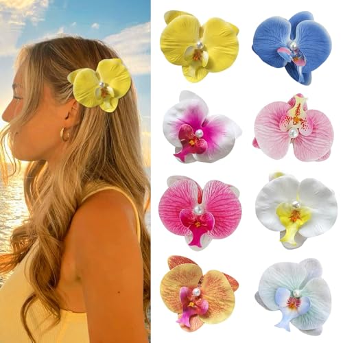 8Pcs Orchid Hair Clips for Women - Hawaiian Flower Hair Accessories, Boho Beach Party Wedding