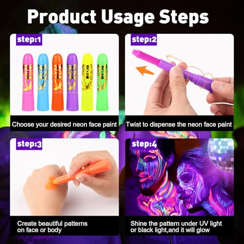 15PCS Neon UV Body & Face Paint Kit for Kids & Adults, Black Light Party Makeup