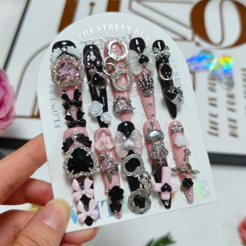 TENPAL BP2 S Long Stiletto Press-On Nails Black Pink Chain & Handcuff Decor