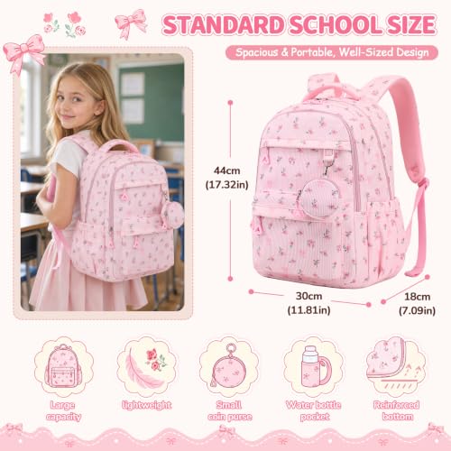 Cute Corduroy Girls Backpack with Mini Coin Purse - Pink Floral