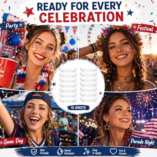 Patriotic Face Stickers - 10 Pcs Red White Blue Star Tattoos for Women
