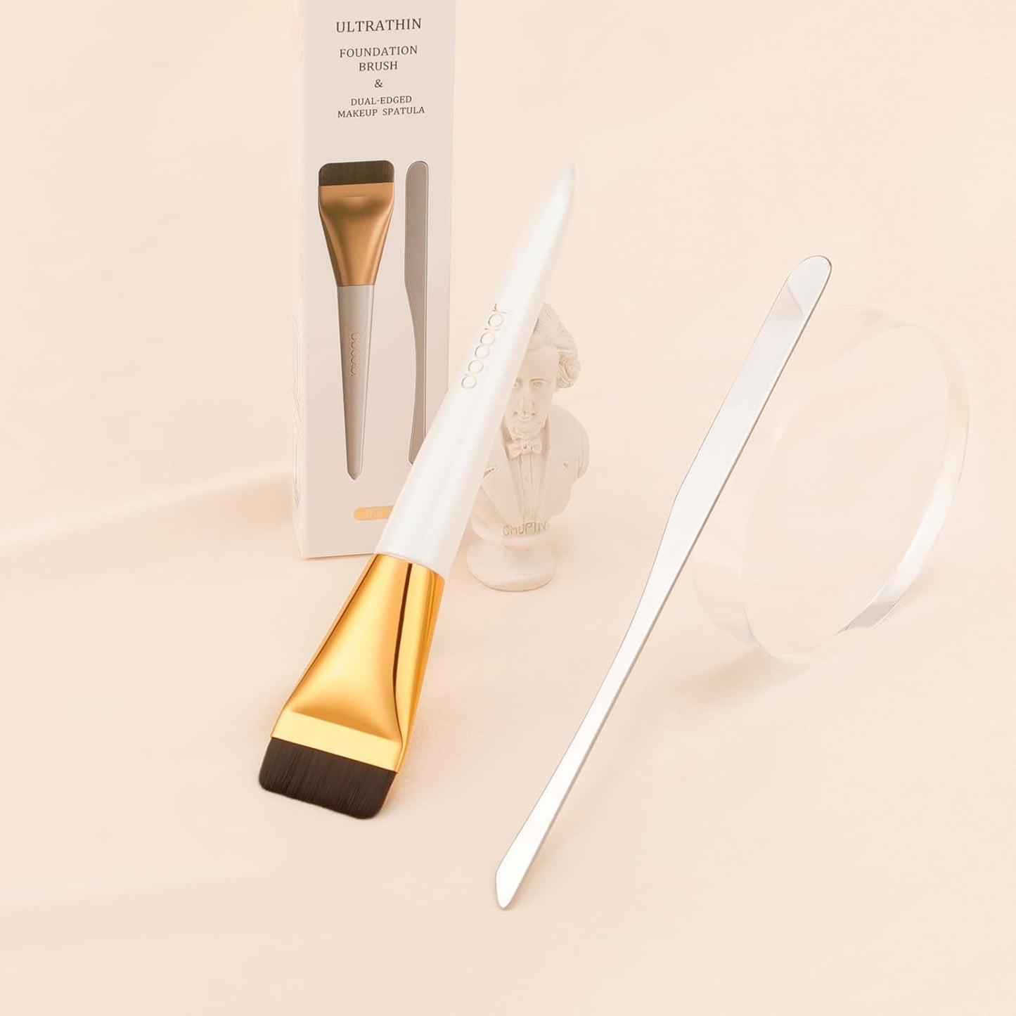 Flat Foundation Brush Set with Dual-Edged Spatula - Korean Makeup Blending Tool for Liquid & Cream