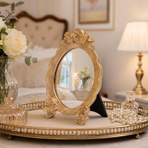 Portable Oval Resin Makeup Mirror with Rose Relief Frame