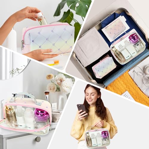 Bluboon Rainbow Heart 2 Makeup Bag Set - 3Pcs Clear Travel Toiletry Bags