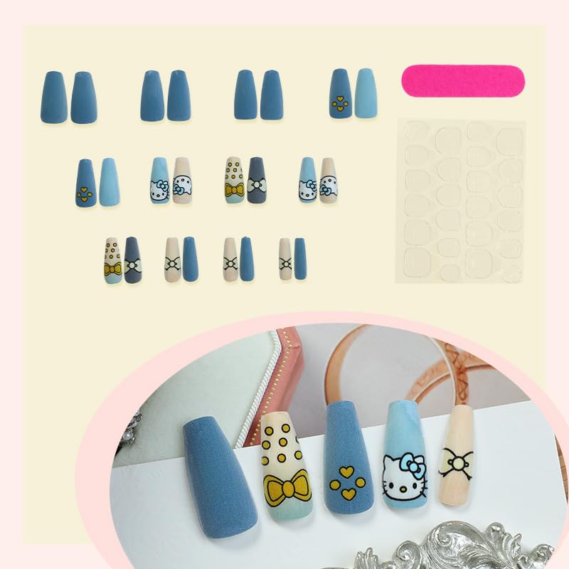 24Pcs Long Coffin Press-On Nails with Cute Cat Bows - Matte Acrylic