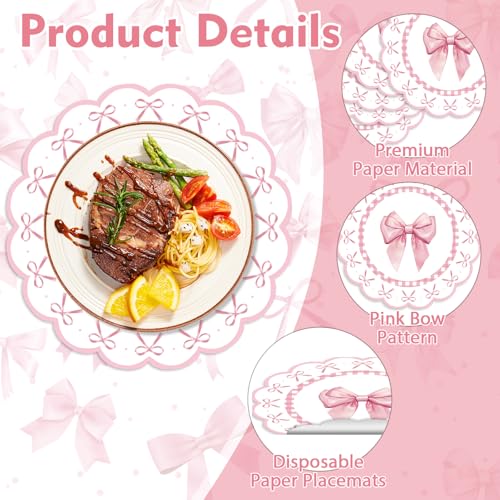 50 Pink Bow Disposable Paper Placemats - 13.4 Inch Round Table Mats for Parties