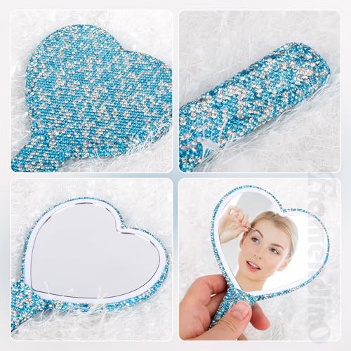 Framendino Blue Rhinestone Handheld Mirror 6.5" Heart Design