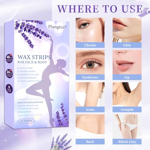72PCS At Home Wax Strips for Hair Removal, Women & Men | 48 Body + 24 Face Wax Strips, 8 Calming Oil Wipes, Hypoallergenic for All Skin Types, Legs, Arms, Bikini, Brazilian, Back