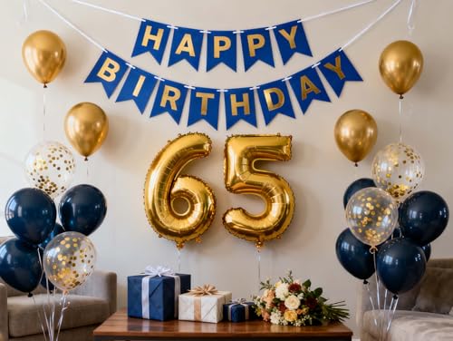 Navy Blue and Gold 65th Birthday Party Decorations Set