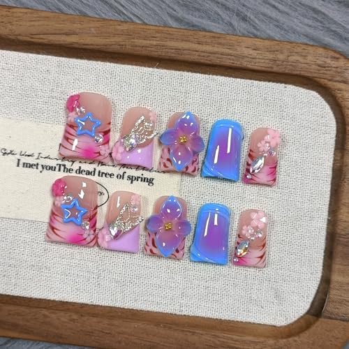 Duckbill Press on Nails Set - Blue Leopard with Rhinestones & Bow (S)