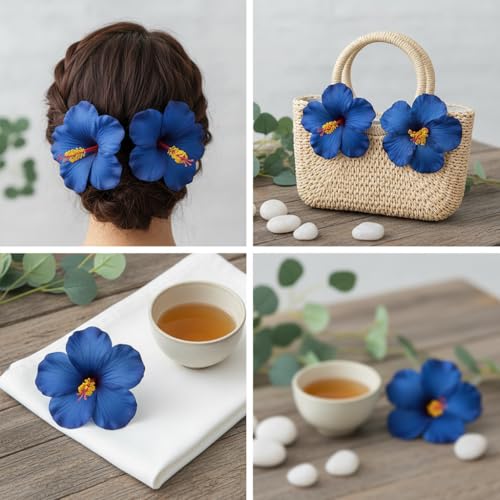Blue Plumeria Hibiscus Flower Hair Clips - Set of 2