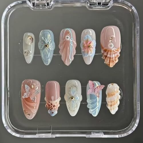 MAGLFELL Handmade Almond Press On Nails Shell/S - 10 Pcs Short False Nails Kit for Women