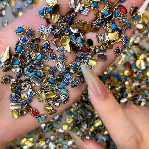 20Pcs Western Nail Charms Retro Metal Turquoise Art Rhinestones 3D