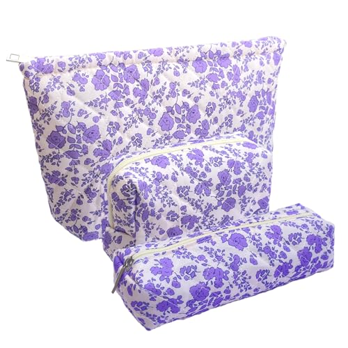 3-Piece Floral Quilted Makeup Bag Set - Cotton Cosmetic Travel Organizer