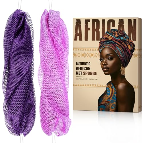 MINISENTIALS African Net Sponge with Knots (2 Pieces) Purple Lilac Back Scrubber 40in+, Exfoliating