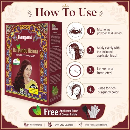 Kangana Burgundy Henna Hair Dye Powder - 1 Pack (50g) for Grey Coverage, Ammonia-Free, Easy Home Application