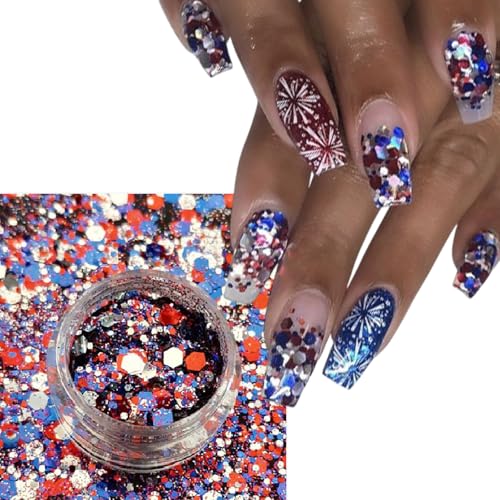 YUEJIMEIGUI 6 Boxes Patriotic 4th of July Star Glitter Nail Sequins Red White Blue for Nail Art & DIY Crafts